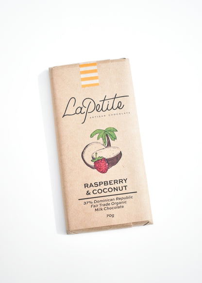 Chococlate bar in kraft wrap. Raspberry &amp; coconut