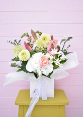 Perfect Pastel Bloom Box with soft pink and white seasonal flowers, hand-arranged by Pepperberry Florist in Christchurch