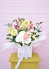 Perfect Pastel Bloom Box with soft pink and white seasonal flowers, hand-arranged by Pepperberry Florist in Christchurch