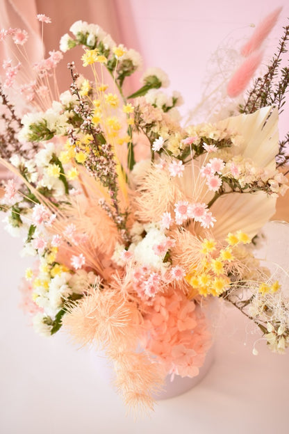 Pretty dried flowers in peach, lemon, pale pink and white