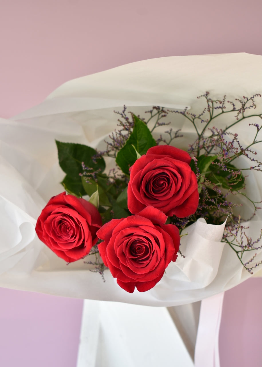 Bouquet of red roses with green leaves on a light pink background