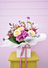 Florist’s Choice Bloom Box by Pepperberry Florist, Christchurch – Fresh seasonal flowers arranged in a white gift box.