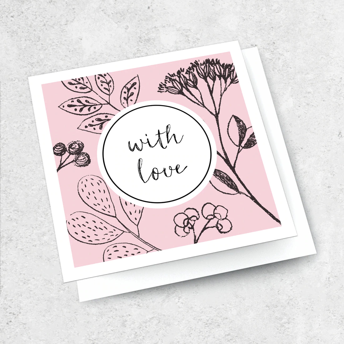 Greeting card, pink background with black flowers 