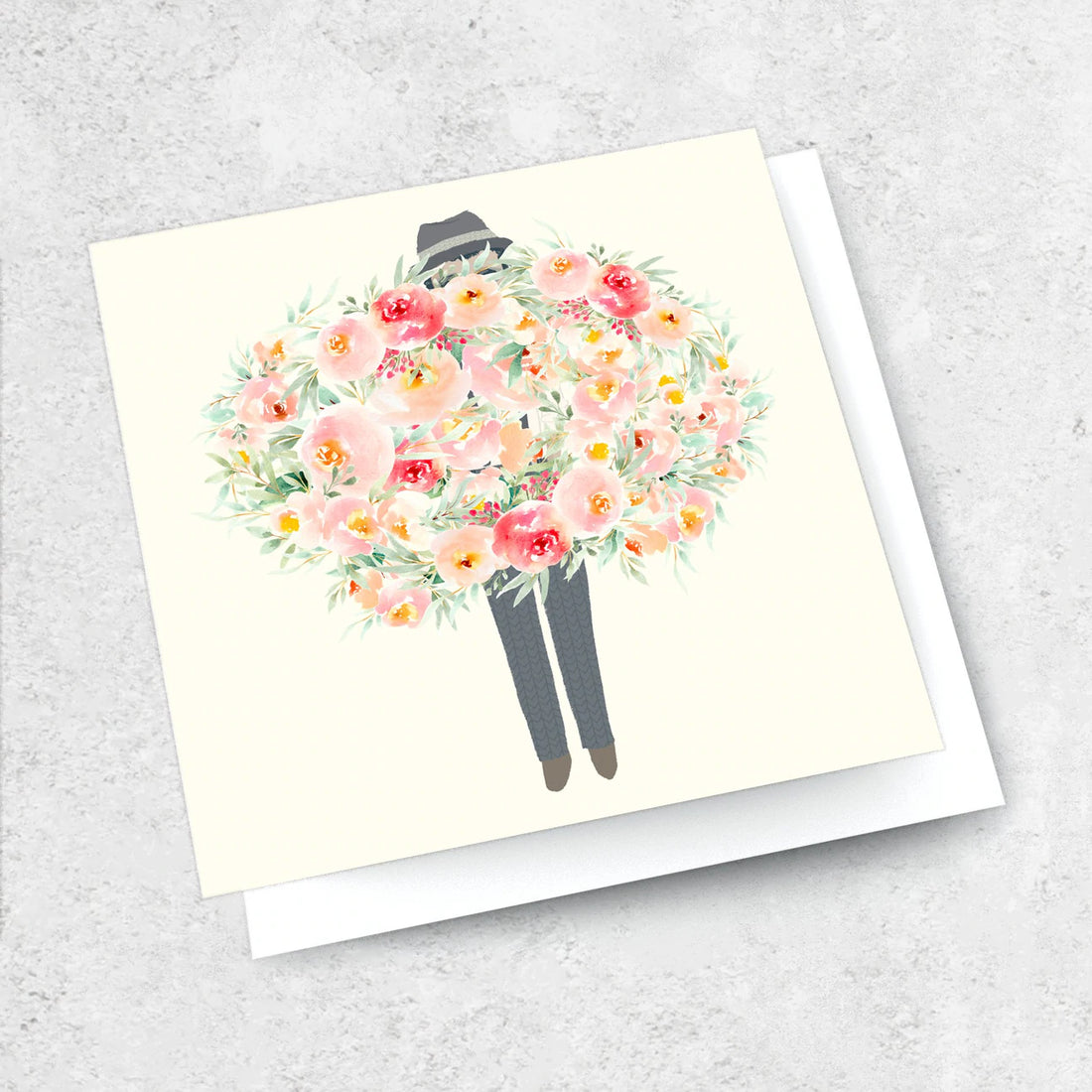 Greeting card, illustration of man holding a big bunch of flowers