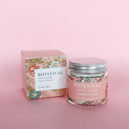 Jar &amp; box of rose &amp; vanilla Botanical hand cream. pretty pink floral pasily packaging