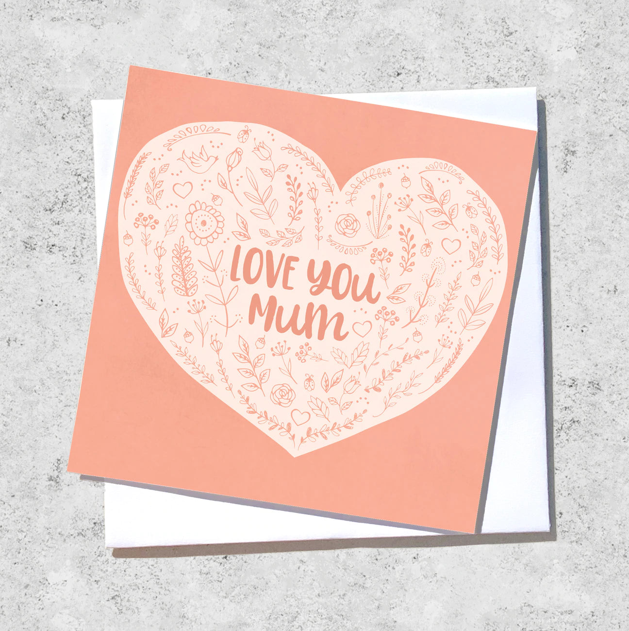 Greeting Card peach background with cream floral heart mothers day card